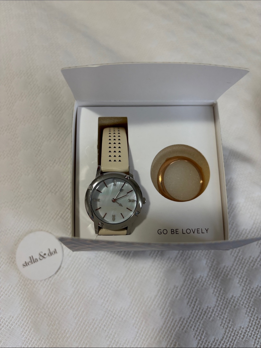 Stella & Dot Beige Strap Watch with Silver Case and Rose Gold Ring